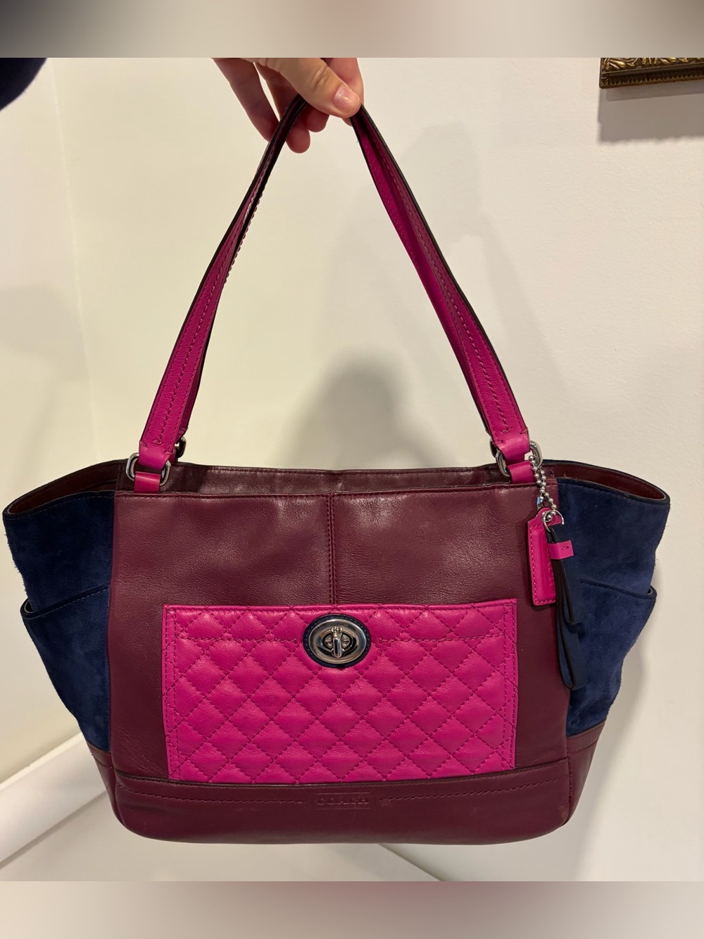 Coach #F24693 Colorblock Leather Tote Bag in Fuchsia, Burgundy & Navy - Picture 9 of 16